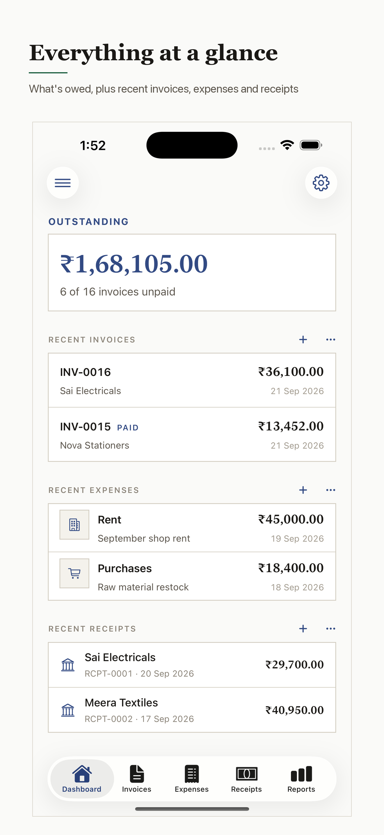 BizEasy dashboard showing outstanding balance and recent invoices, expenses and receipts