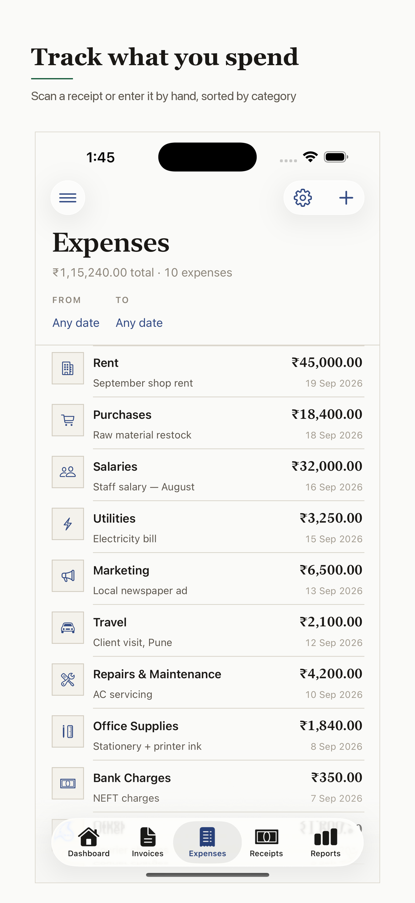 A list of expenses in BizEasy, sorted by category with running totals