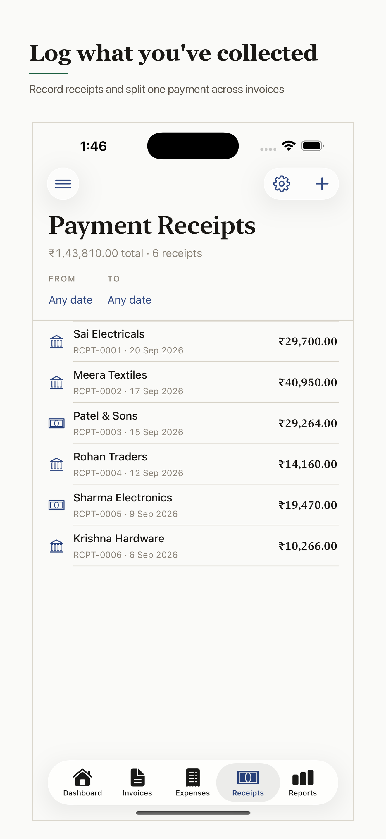 Payment receipts recorded in BizEasy against customer invoices